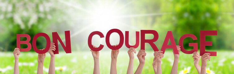 People Hands Holding Colorful French Word Bon Courage Means You Can Do It. Sunny Green Grass Meadow As Background