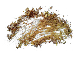 Wood sawdust on white background. Pile of wood shavings and wood powder isolated on white...