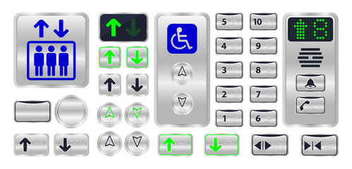 elevator button with braille sign isolated on white, silver metal elevator logo modern, set of elevator button steel symbol with number braille, control panel of elevator internal and braille language © cgdeaw