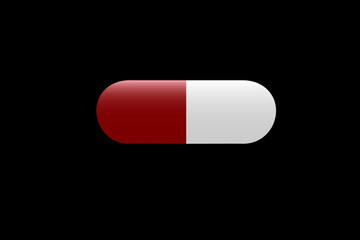 Red and white capsule on black background.