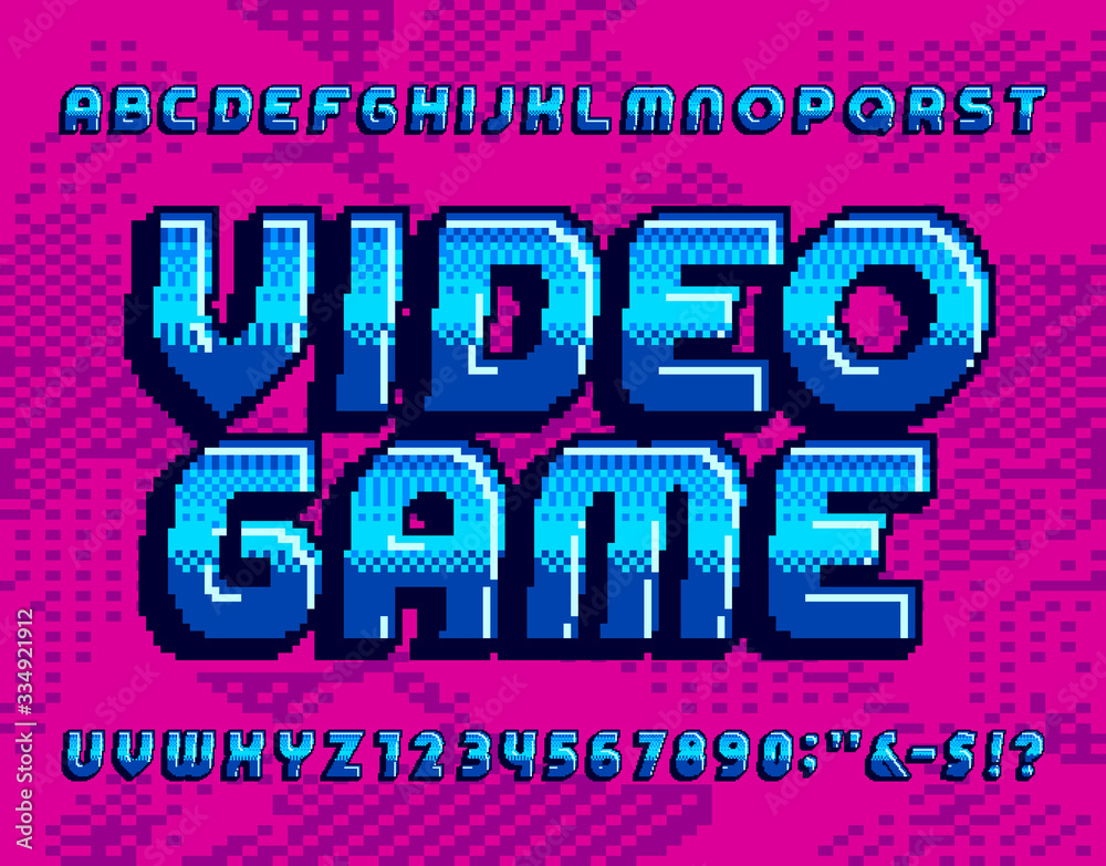 Fototapete video game alphabet font. retro pixel letters and numbers. pixel background. 80s arcade game typescr