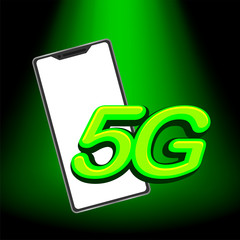 5G logo green font and smartphone template for banner advertising design, 5G and mobile phone for technology telecommunication concept