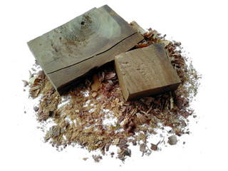 Wood sawdust on white background. Pile of wood shavings and wood powder isolated on white background.