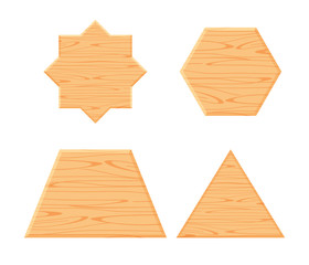 wooden plank different collection isolated on white background, wooden eight pointed star, trapezoid wood shaped plank dark brown, wooden triangular pyramid panel, hexagon wood shape