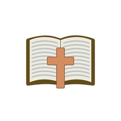 Wooden Christian cross on Bible icon isolated on white background