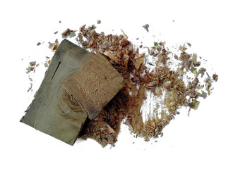 Wood sawdust on white background. Pile of wood shavings and wood powder isolated on white...