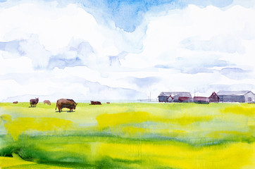 Watercolor illustration of cows grazing in a meadow near the village