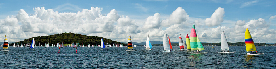 Regatta Panorama. Children Sailing small sailboats (Catamarans) with colourful sails. Australia....