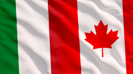 Waving Italy and Canada National Flags with Fabric Texture
