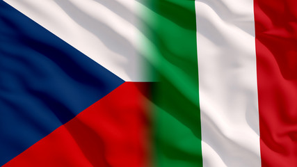 Waving Italy and Czech Republic National Flags with Fabric Texture