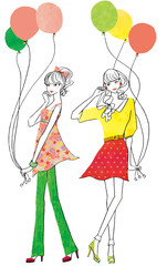 風船を持つ二人の可愛い女性