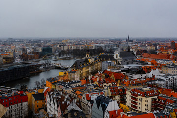 Wroclaw, Picturesque view of the old island of Thum and the Church of Our Lady of the Sand on the tower of St. Iion's Cathedral, Odra River.