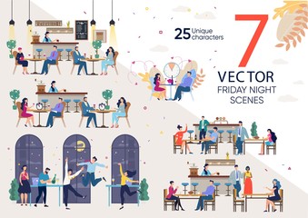 Friday Night, Work Week End, Employees and Office Workers Leisure, Business Partners Meeting in Cafe, Corporate Party Scenes Trendy Flat Vectors Set. People Resting in Restaurant or Bar Illustration