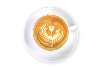 Top view of hot latte coffee with beautiful latte art in white ceramic cup isolated on white background with clipping path