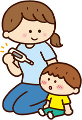子供の熱を測るお母さん
