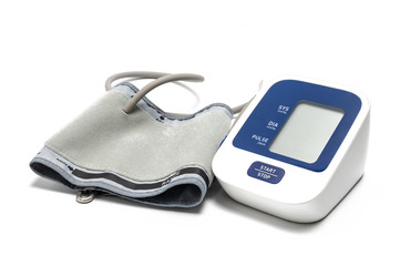 Digital blood pressure monitor (sphygmomanometer) on white background