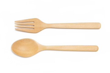 Wooden spoon and fork isolated on white background with clipping path