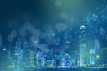 Hong Kong cityscape with bokeh and connection line. Business concept background.