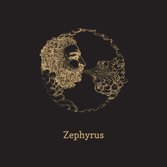 Zephyrus, west wind hand drawn in engraving style. Vector graphic illustration of mythological deity on black background