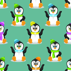 Vector seamless pattern with cute cartoon penguins on blue background; children design for fabric, wallpaper, textile, wrapping paper, web design.