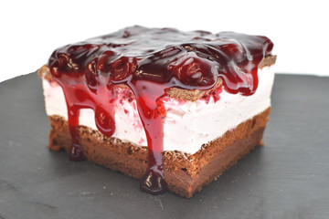 Assorted pieces of cake, sweet dessert, chocolate and fruit. isolated on white