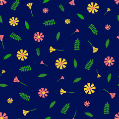 Floral seamless pattern. Colorful flowers on the blue background. Vector illustration.