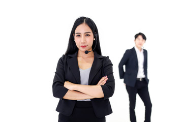 Couple Asia call center workers or Confident business  with headset,Customer support standing on white background.