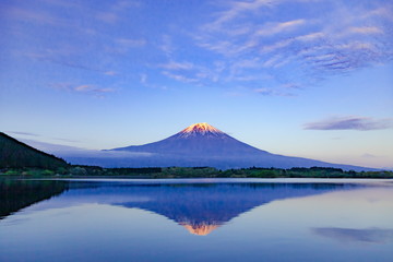 Fototapeta na wymiar 夕日を浴びた富士山、静岡県富士宮市田貫湖にて