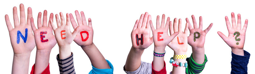 Children Hands Building Colorful Word Need Help. White Isolated Background