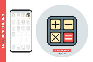 Calculator application icon for smartphone, tablet, laptop or other smart device with mobile interface. Simple color version. Contains free bonus icons