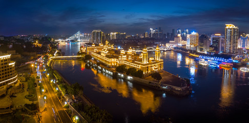 Fototapeta na wymiar Aerial panorama view of cityscape of Fuzhou in China