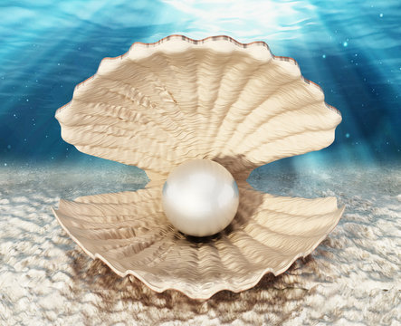 Oyster with a giant pearl standing on sea bed. 3D illustration