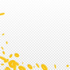 British pound coins falling. Scattered disorderly 