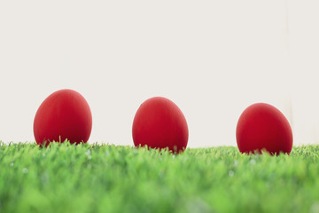 red easter egg on lawn green grass artificial with blank white background