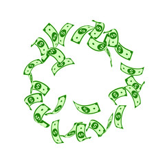American dollar notes falling. Floating USD bills 