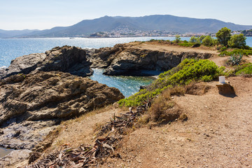 Fototapeta na wymiar View of Cala Bramant from the coastal road from Llansa to Colera. Costa Brava, Catalonia, Spain