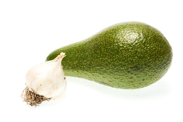 Avocado and garlic isolated on white