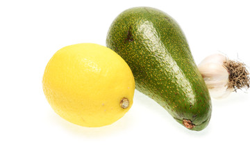ingredients for homemade guacamole on white