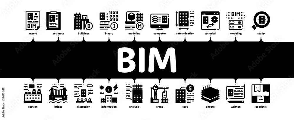 Poster bim building information modeling minimal infographic web banner vector. building document and plan,