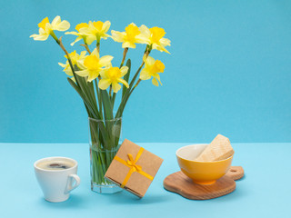 Bouquet of yellow daffodils in vase with gift box on a blue background.