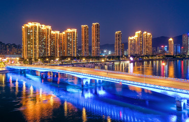 Fototapeta premium Aerial panorama view of cityscape of Fuzhou in China
