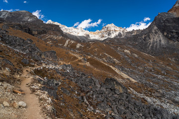 Fototapeta na wymiar Trekking trail to Renjo la pass in Everest national park, Himalaya mountain range in Nepal