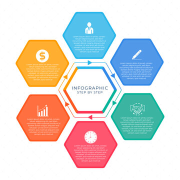 Infographic geometric hexagon design colorful workfliow step icon style