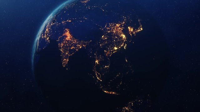 The Night seen of Planet Earth City Lights from the International Space Station space clouds . Sunsire 4K Loop Animation. Space, Planet, Galaxy, Stars, Cosmos, Sea, Earth, Sunset, Globe, World.