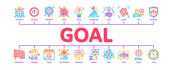 Goal Target Purpose Minimal Infographic Web Banner Vector. Goal Aim On Planet And Lightbulb, Atom And Flag, Calendar And Medal Award Illustrations