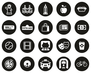 New York City & Culture Icons White On Black Flat Design Circle Set Big