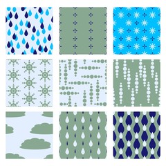 Rainy days vector patterns collection in blue and grey colors. Seamless pattern tiles in neutral harmony color and geometric layout. 