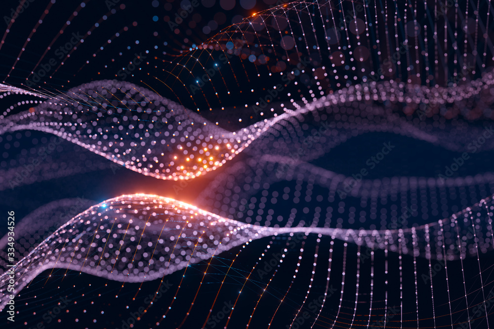 Poster Moving neon blue and orange wireframe pattern forming a digital network connection on dark background