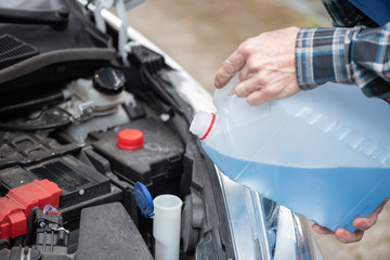 Fototapeta premium Hands of mechanic pouring windshield washer fluid in a car