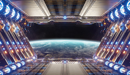 Orange and blue futuristic spaceship interior with window view on planet Earth 3d rendering © sdecoret